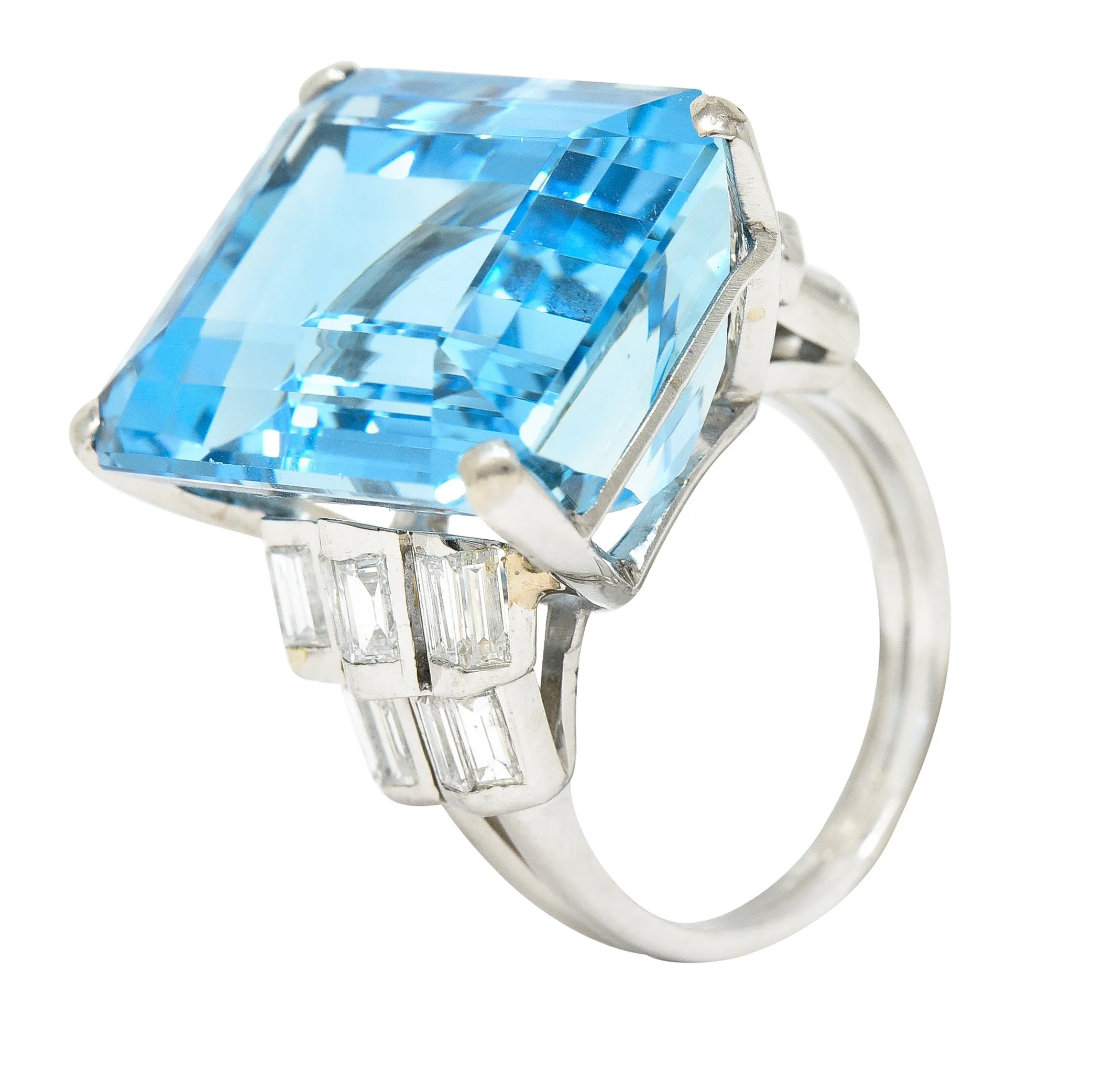 Mid-Century 25.76 CTW Emerald Cut Aquamarine Baguette Cut Diamond Platinum Stepped Chevron Antique Cocktail Ring