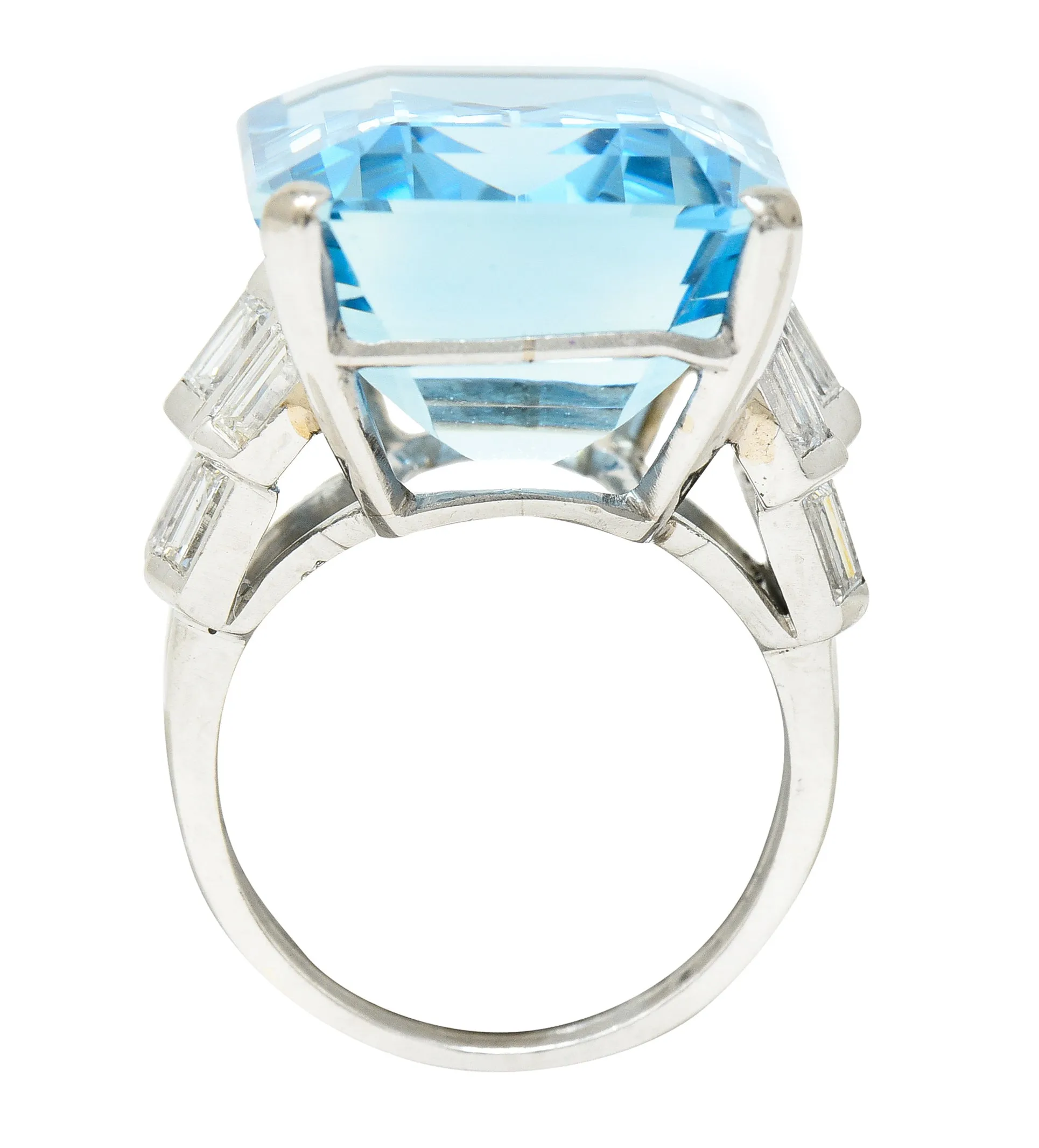 Mid-Century 25.76 CTW Emerald Cut Aquamarine Baguette Cut Diamond Platinum Stepped Chevron Antique Cocktail Ring