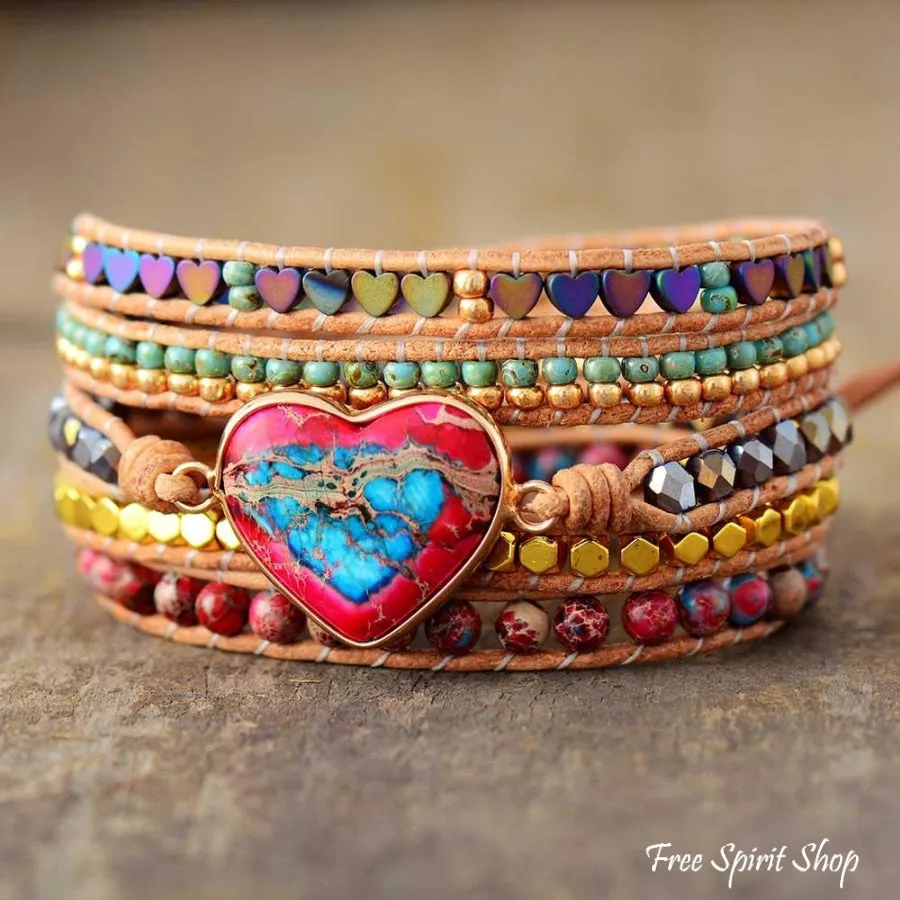 Natural Jasper Heart 5 Layer Wrap Bracelet