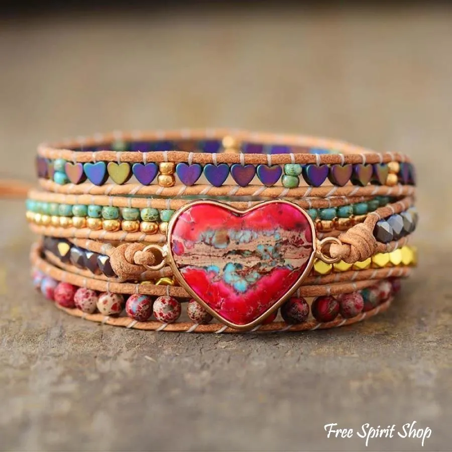 Natural Jasper Heart 5 Layer Wrap Bracelet