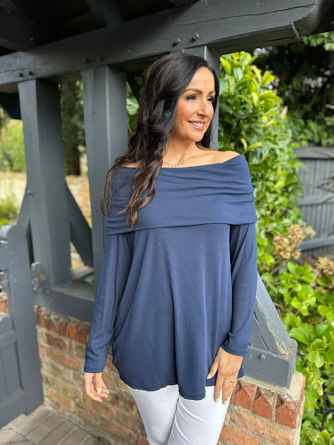 Navy Ribbed Off Shoulder Top Ruby