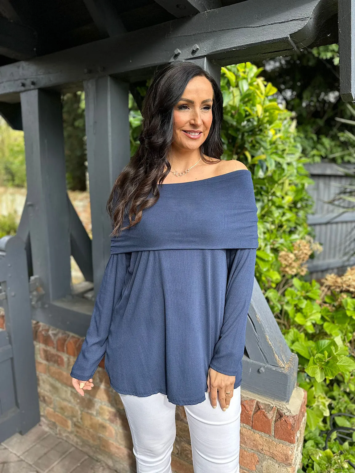 Navy Ribbed Off Shoulder Top Ruby