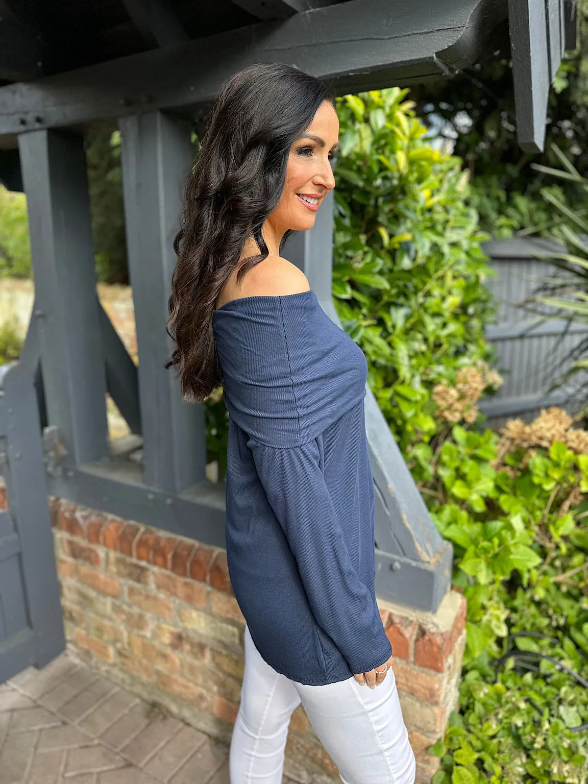 Navy Ribbed Off Shoulder Top Ruby