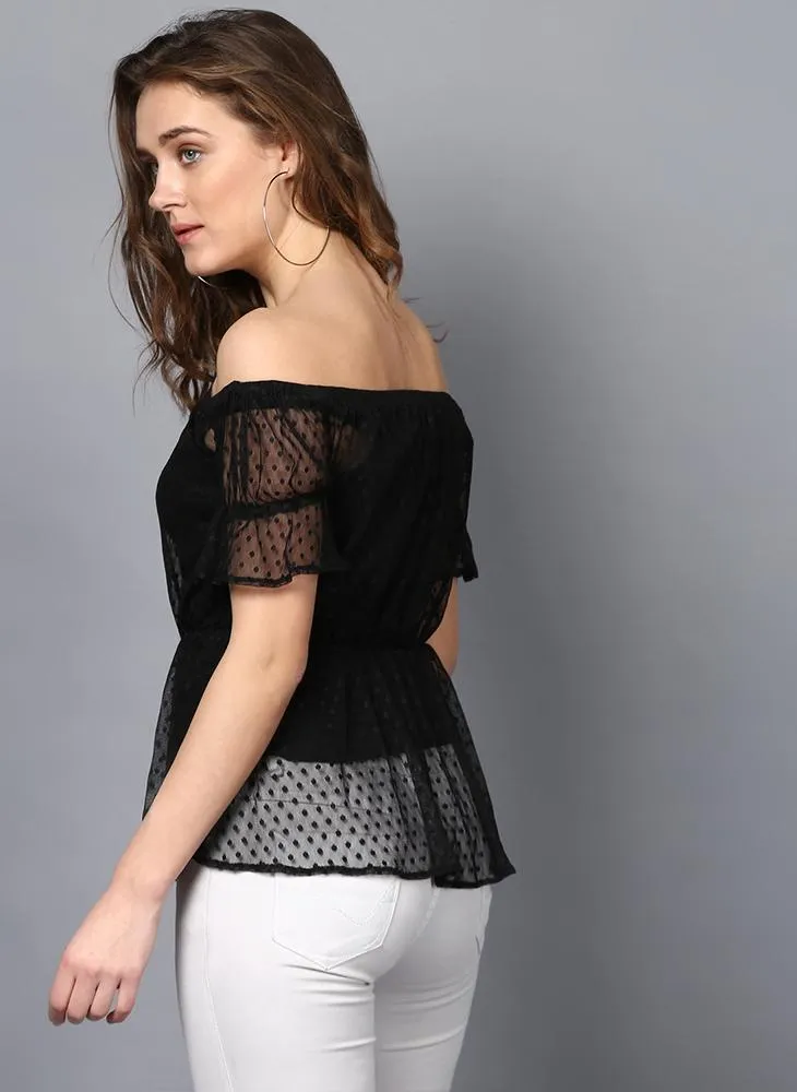 Off- Shoulder Dobby Net Frill Top