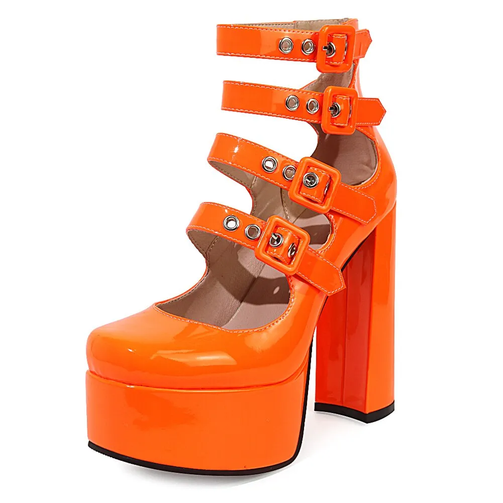 Orange Luxury Designer Marry Janes Pumps