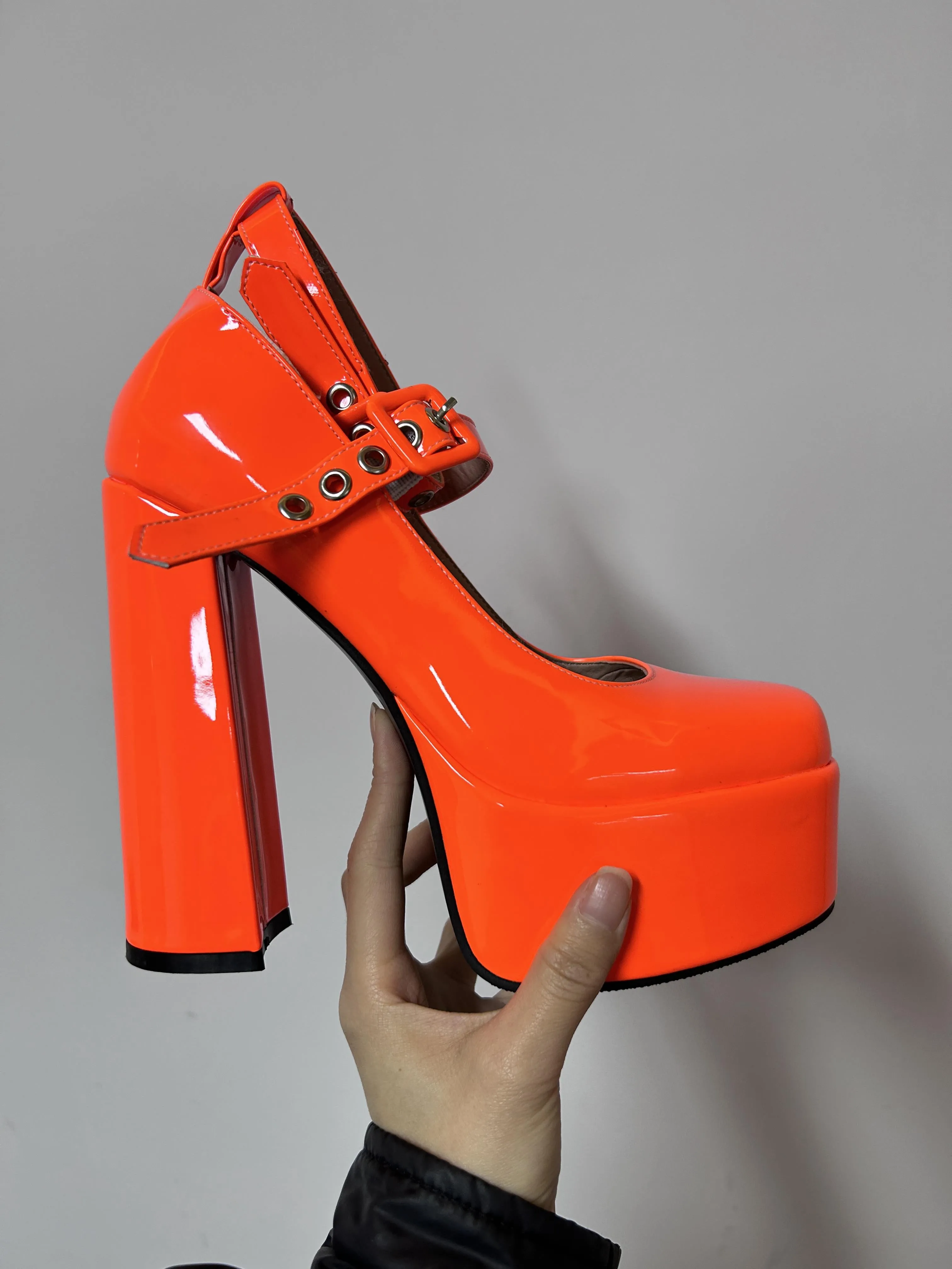 Orange Luxury Designer Marry Janes Pumps