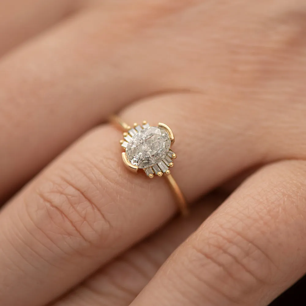 Oval Cut Salt and Pepper Diamond Engagement Ring with Baguette Frills