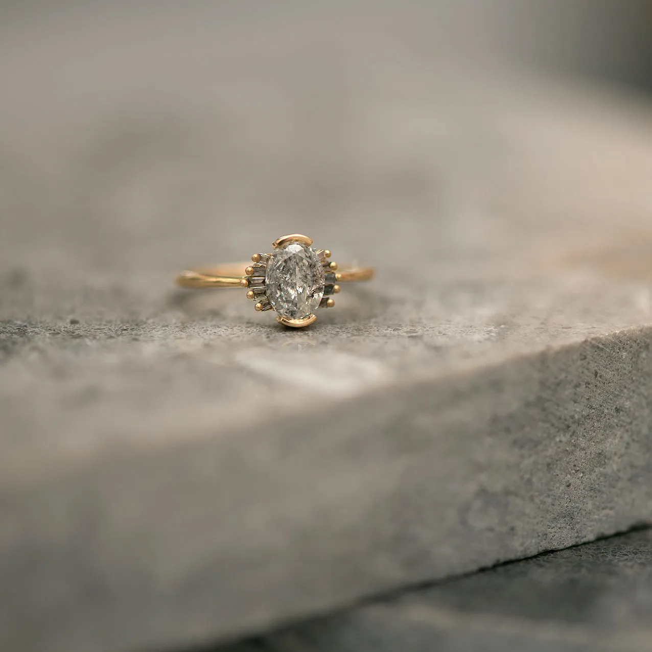 Oval Cut Salt and Pepper Diamond Engagement Ring with Baguette Frills