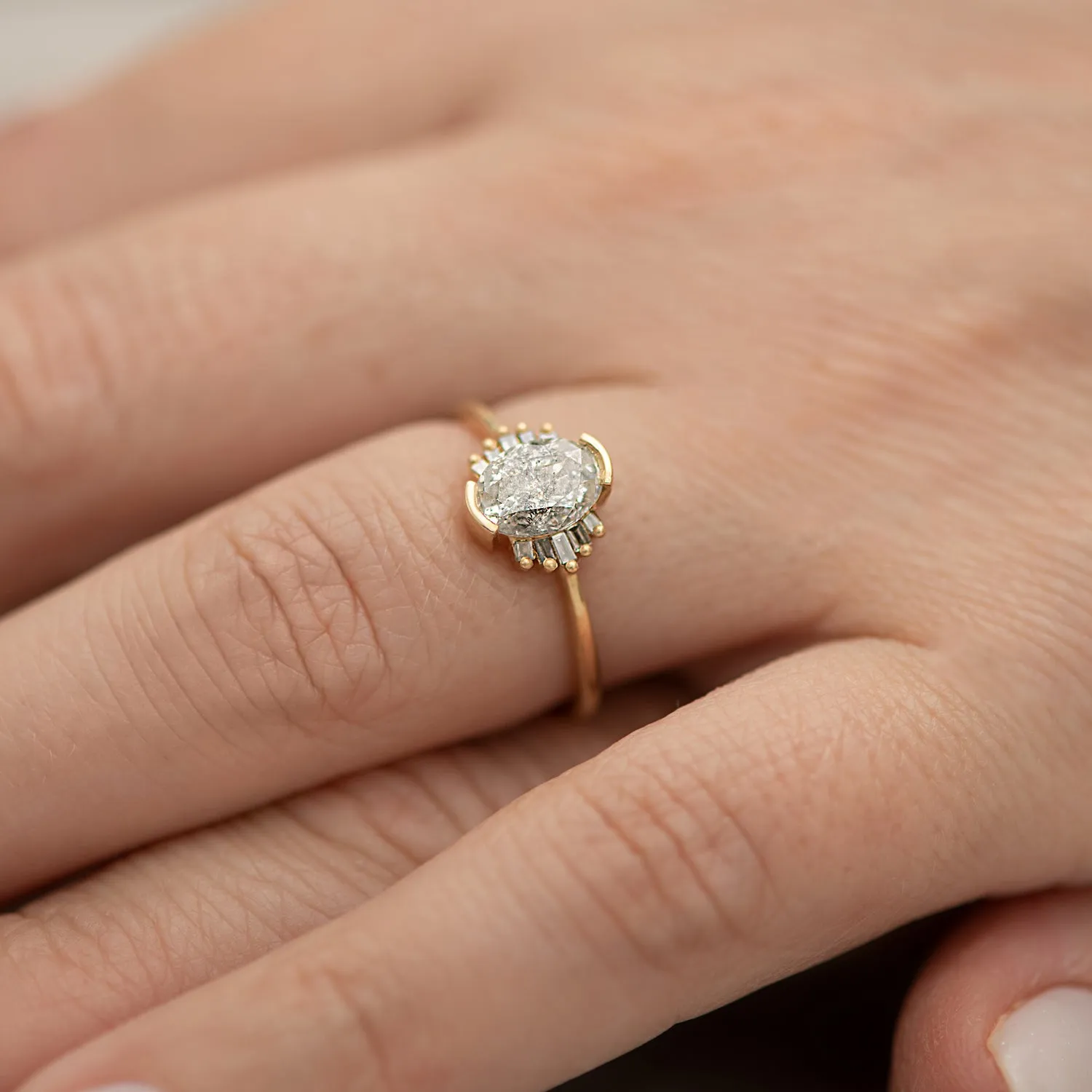 Oval Cut Salt and Pepper Diamond Engagement Ring with Baguette Frills