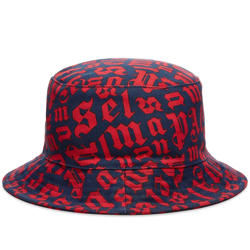 Palm Angels Broken Monogram Logo Bucket HatNavy & Red