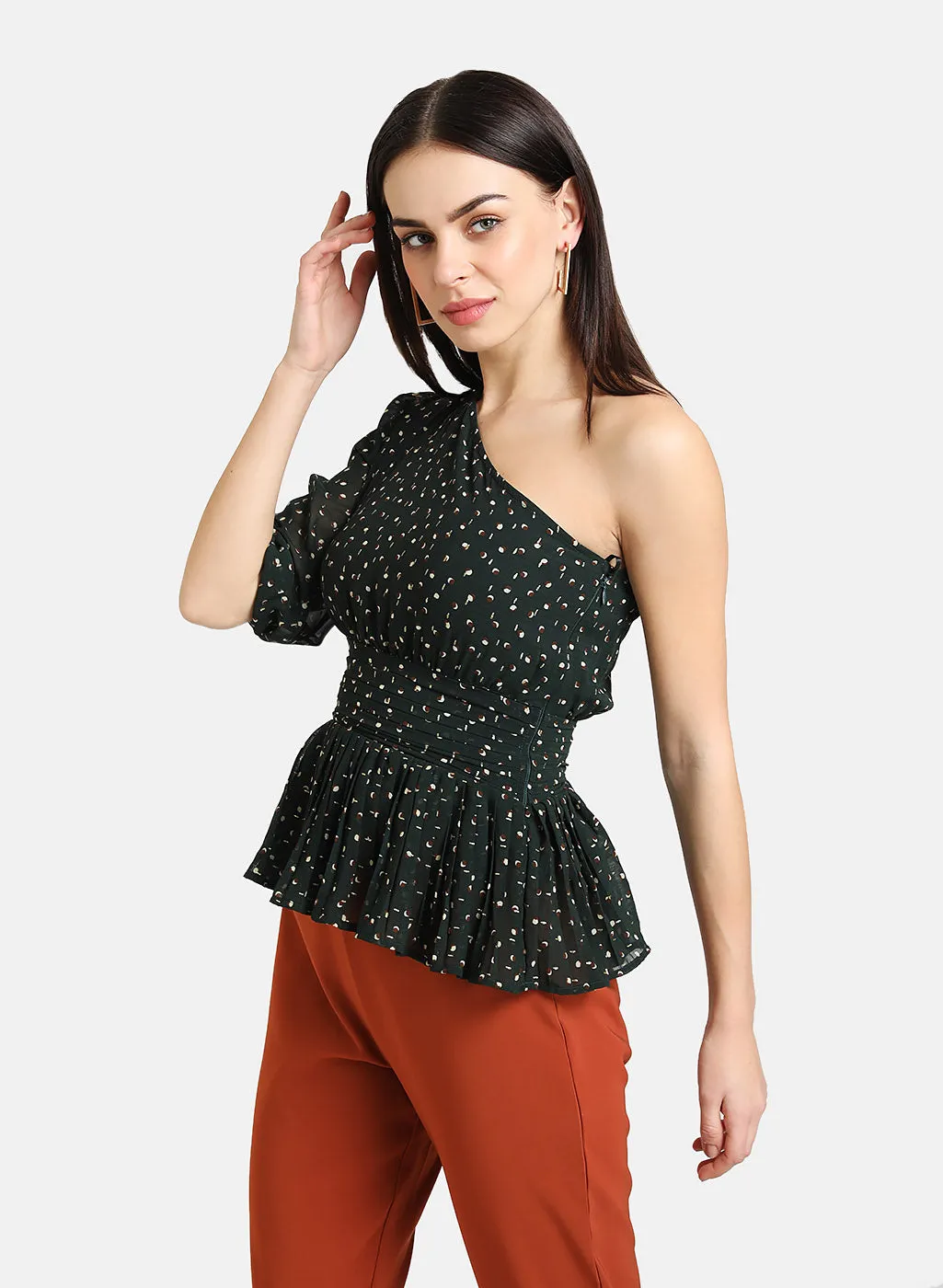 Polka One Shoulder Pleated Top