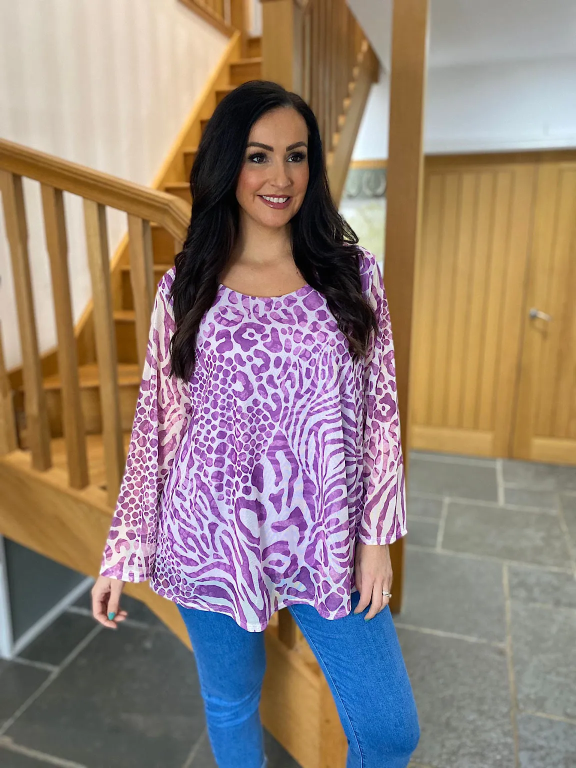 Purple Multi Animal Print Mesh Top Gina