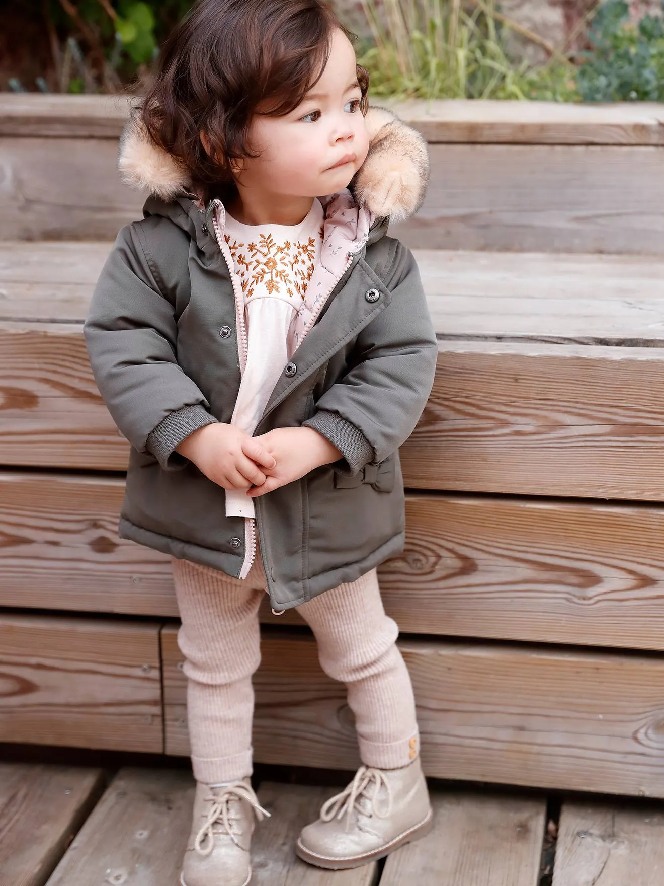 Reversible Parka with Padding in Recycled Polyester, for Babies - green medium solid with desig