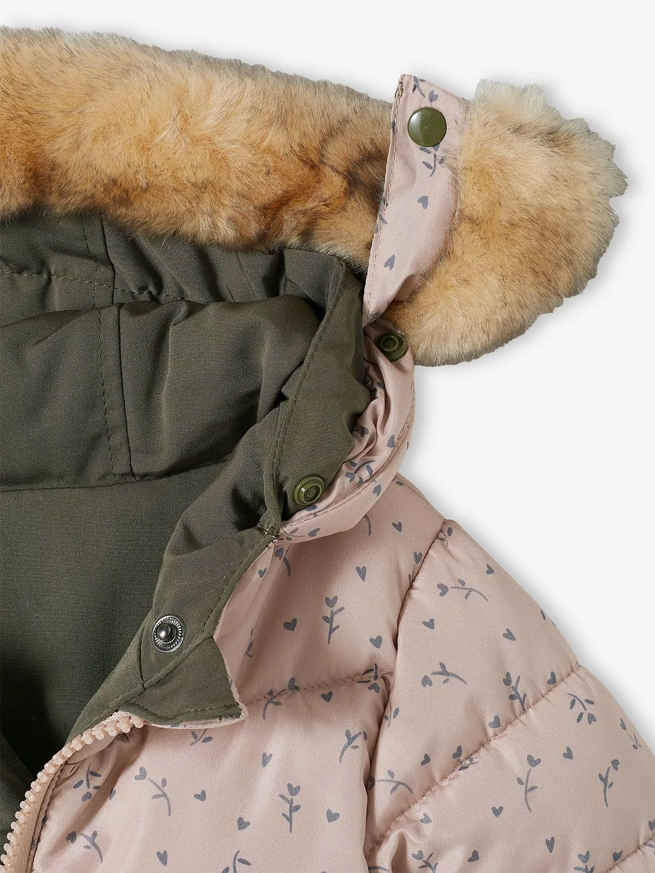 Reversible Parka with Padding in Recycled Polyester, for Babies - green medium solid with desig