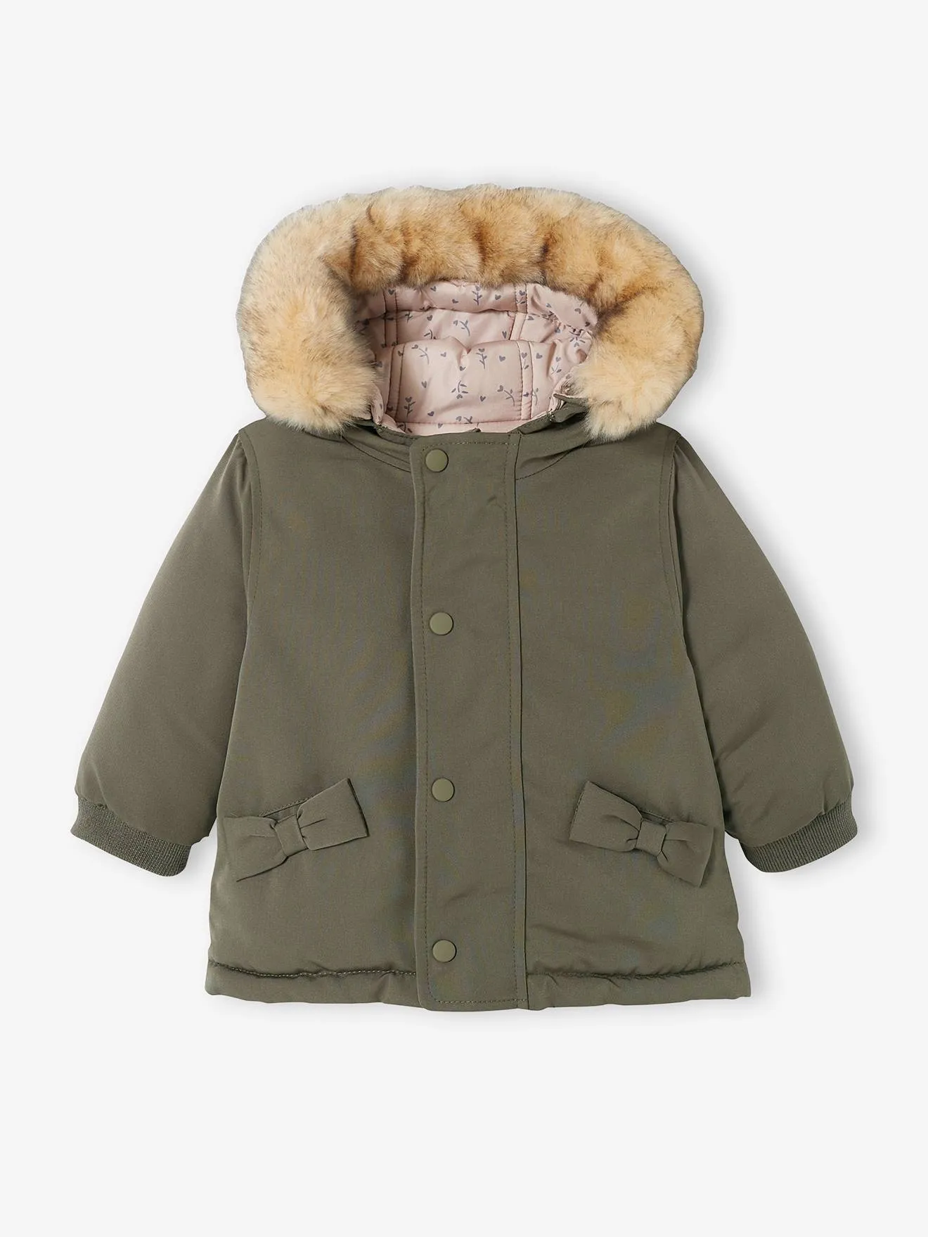 Reversible Parka with Padding in Recycled Polyester, for Babies - green medium solid with desig