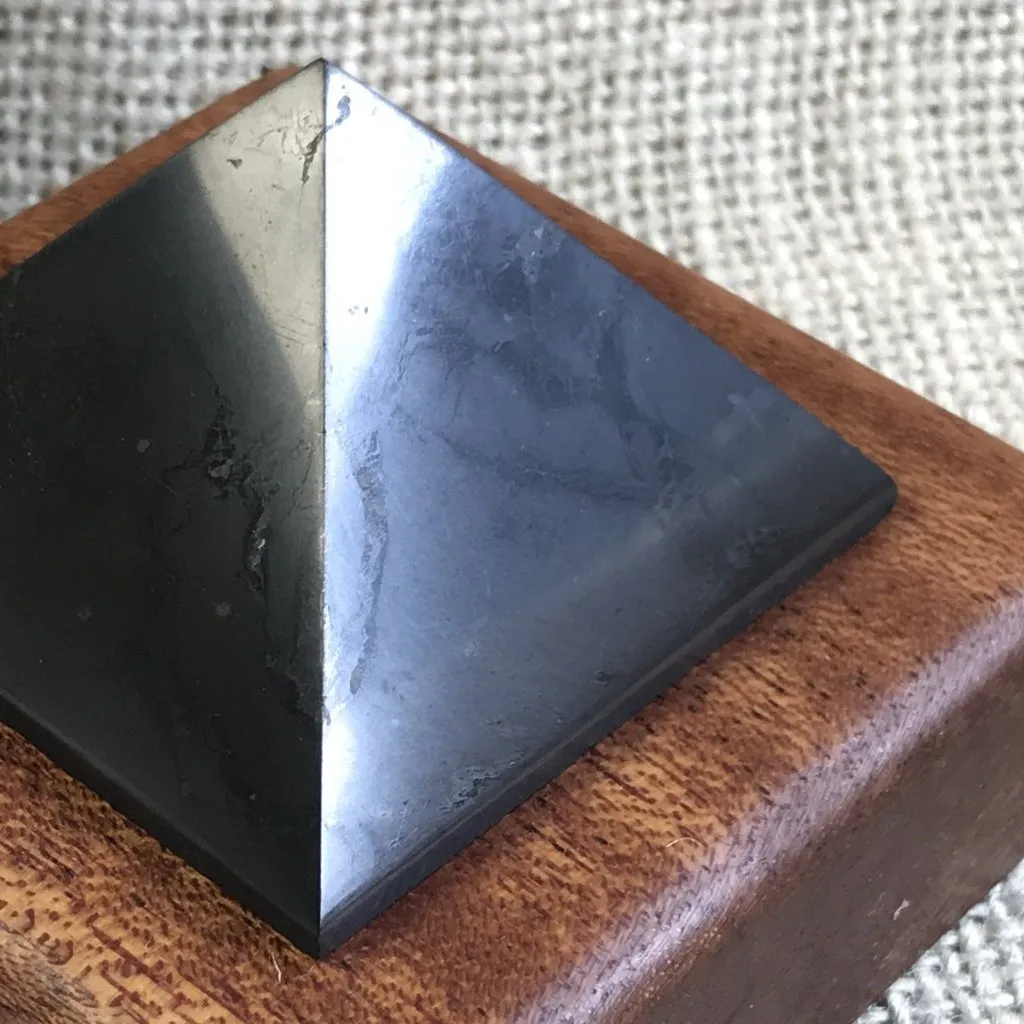 Shungite Pyramid, 2 Inch Base, Custom Wood Stand