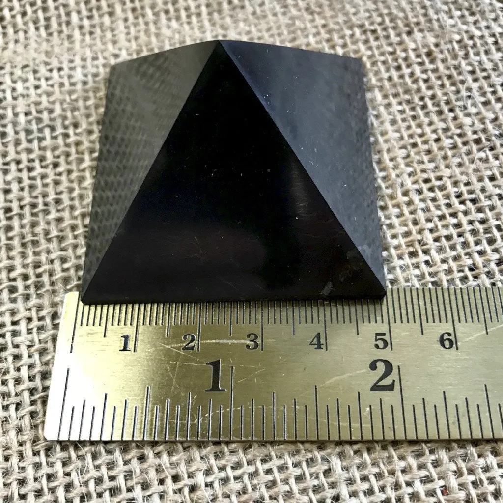 Shungite Pyramid, 2 Inch Base, Custom Wood Stand