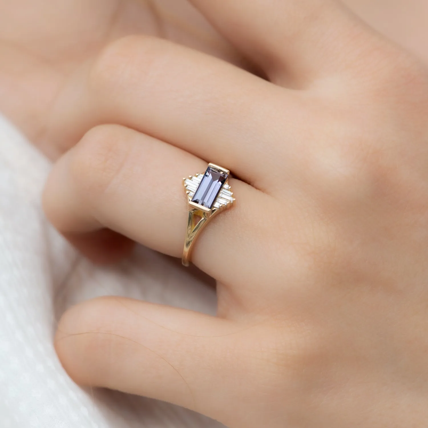 Tanzanite Engagement Ring with Baguette Diamond Pyramids - OOAK