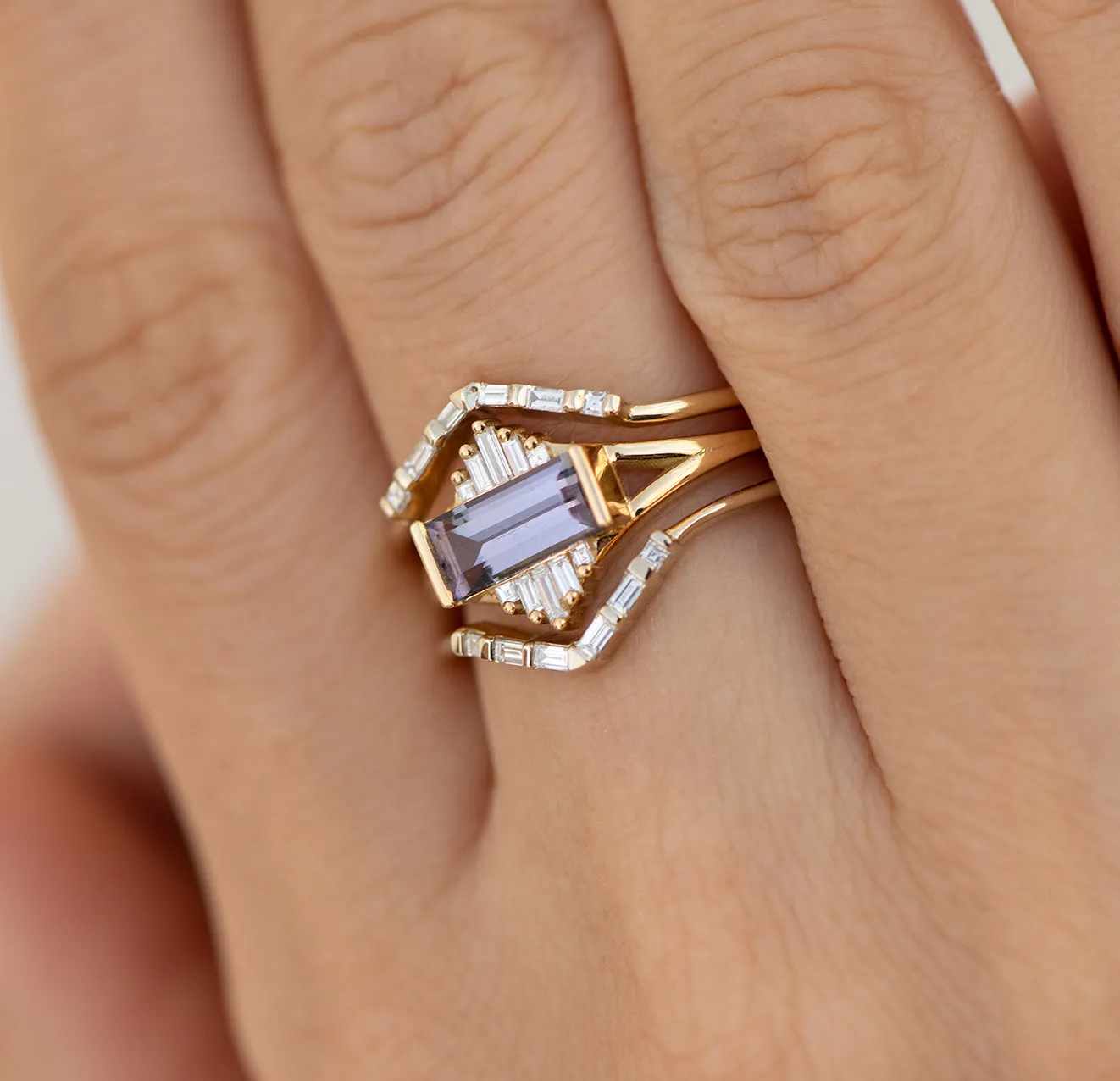 Tanzanite Engagement Ring with Baguette Diamond Pyramids - OOAK