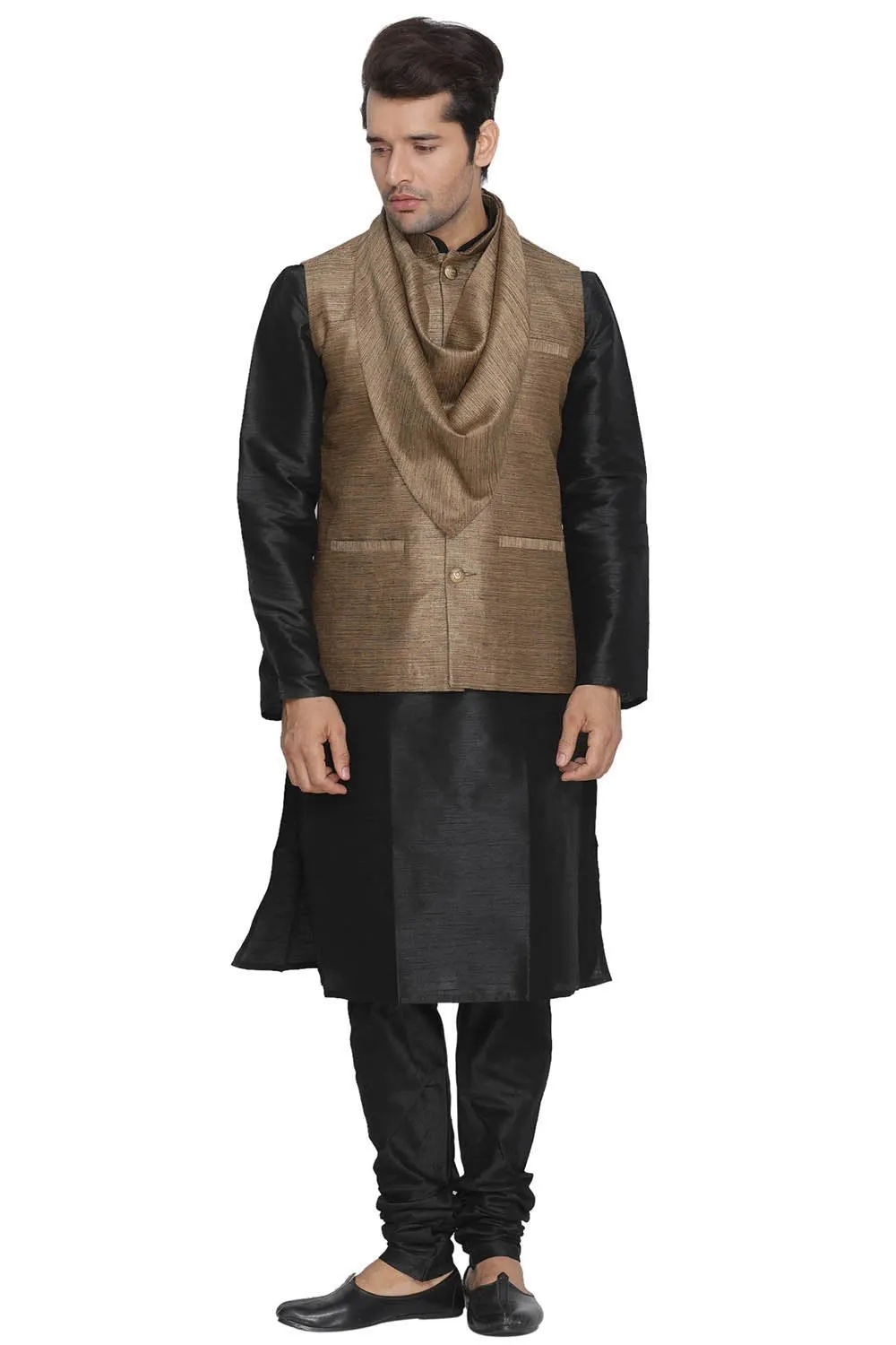 VASTRAMAY Men's Brown Cotton Silk Blend Kurta, Ethnic Jacket and Pyjama Set