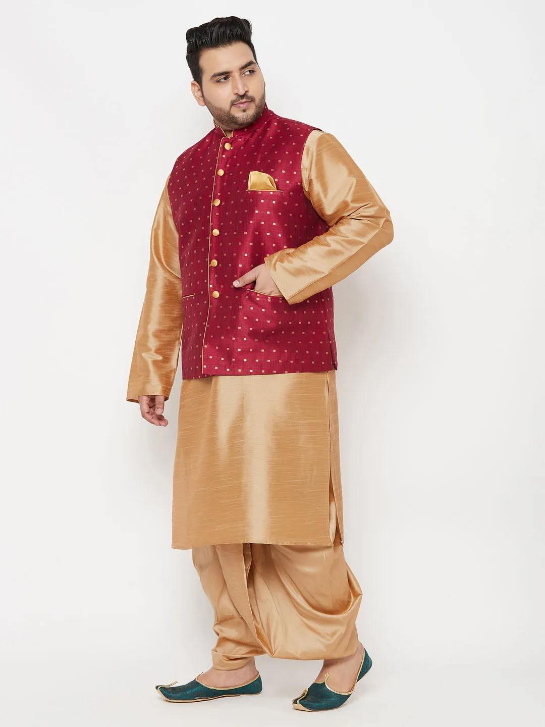 VASTRAMAY PLUS Men's Maroon Zari Weaved Nehru Jacket With Kurta Dhoti set