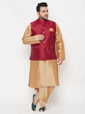 VASTRAMAY PLUS Men's Maroon Zari Weaved Nehru Jacket With Kurta Dhoti set