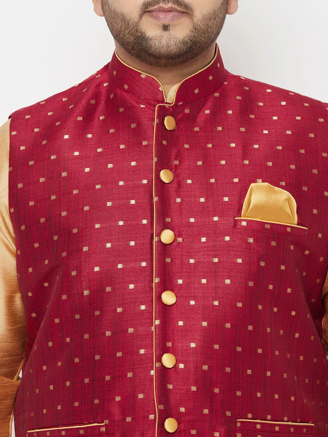 VASTRAMAY PLUS Men's Maroon Zari Weaved Nehru Jacket With Kurta Dhoti set