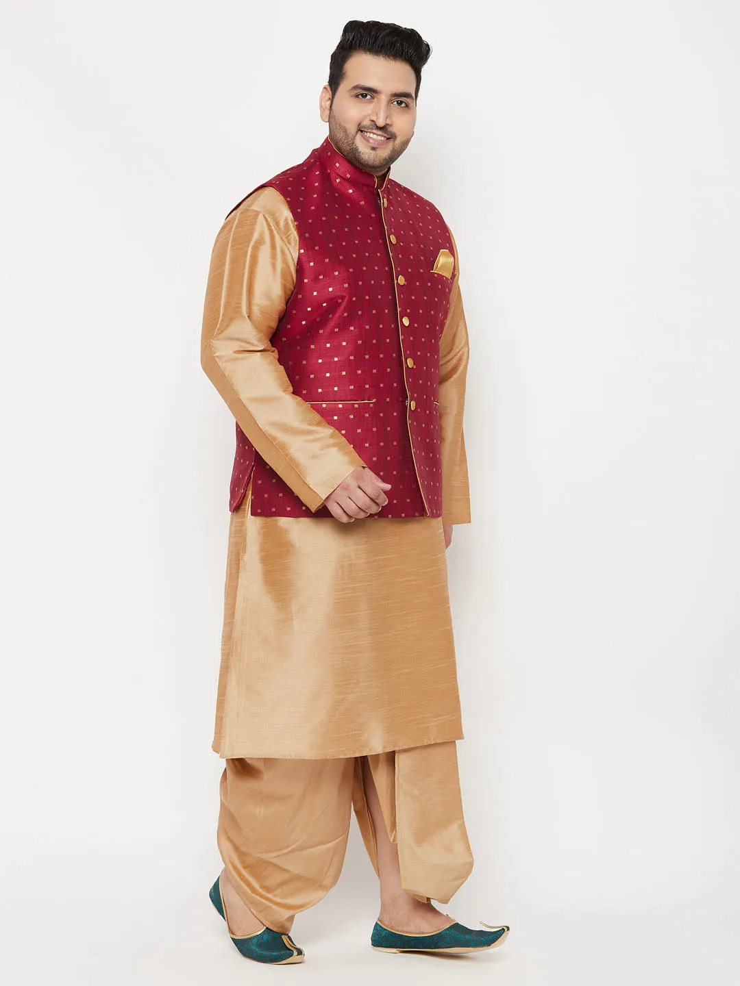 VASTRAMAY PLUS Men's Maroon Zari Weaved Nehru Jacket With Kurta Dhoti set