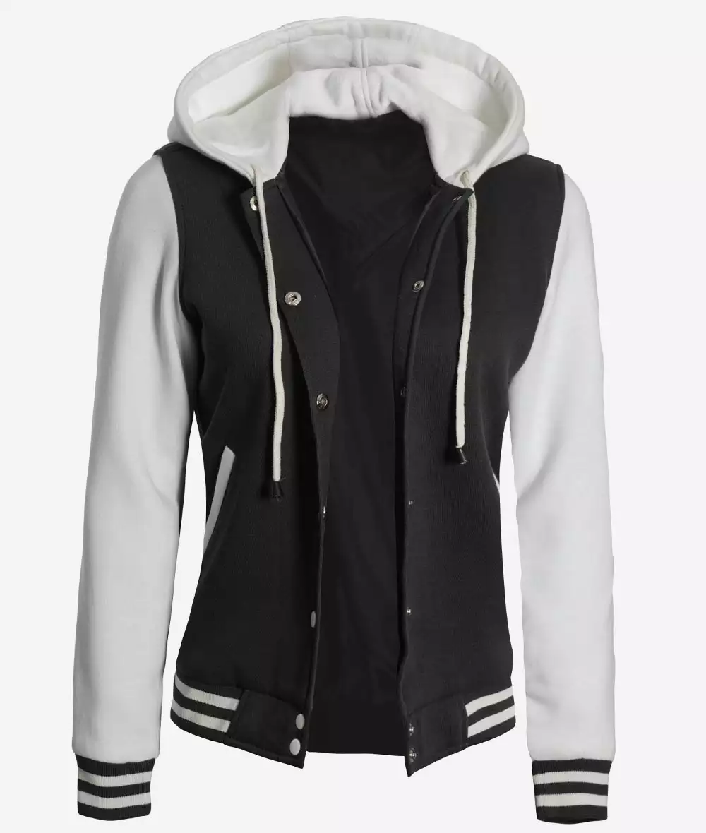 Women's Black and White Hooded Varsity Jacket - Letterman Style