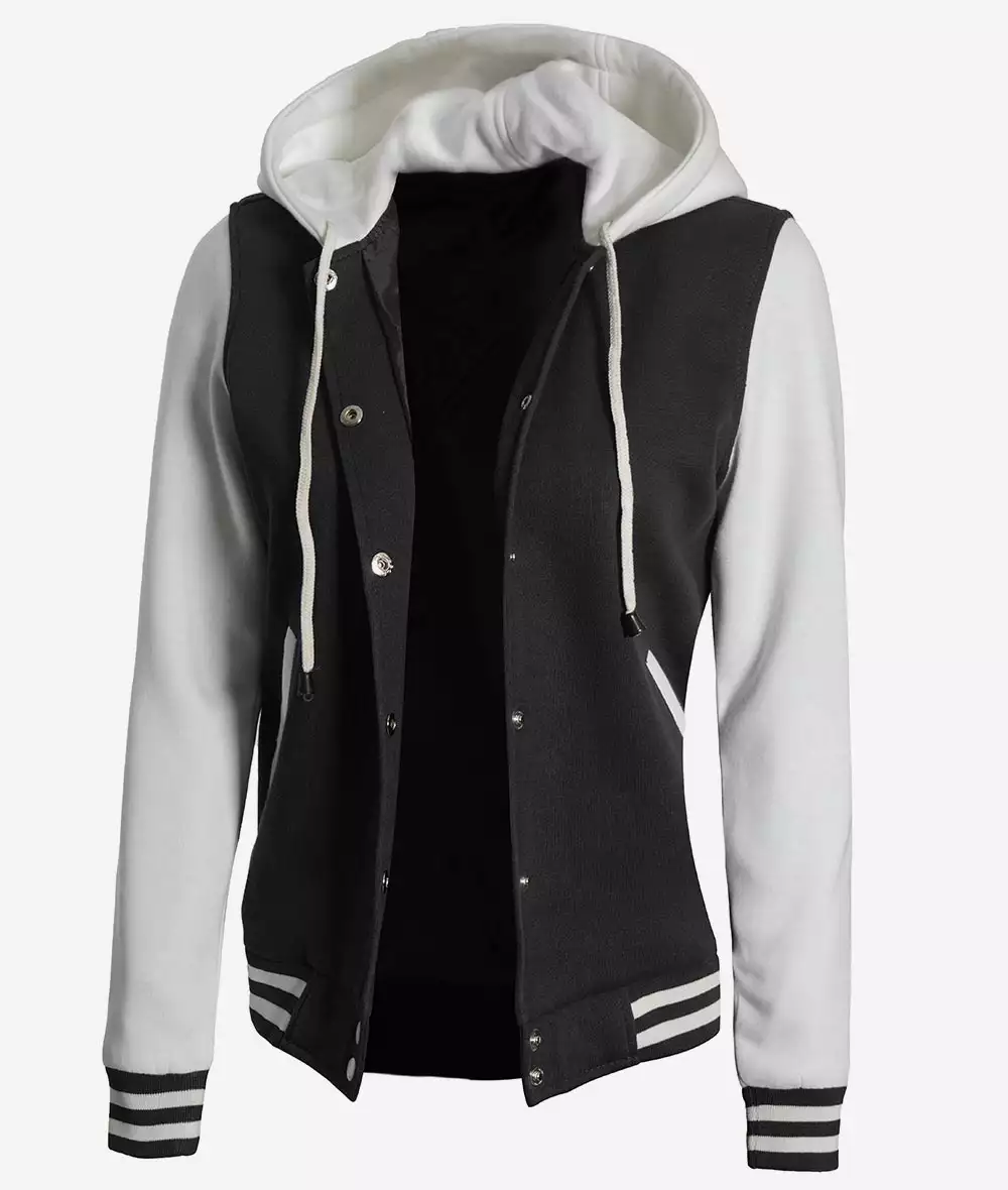 Women's Black and White Hooded Varsity Jacket - Letterman Style