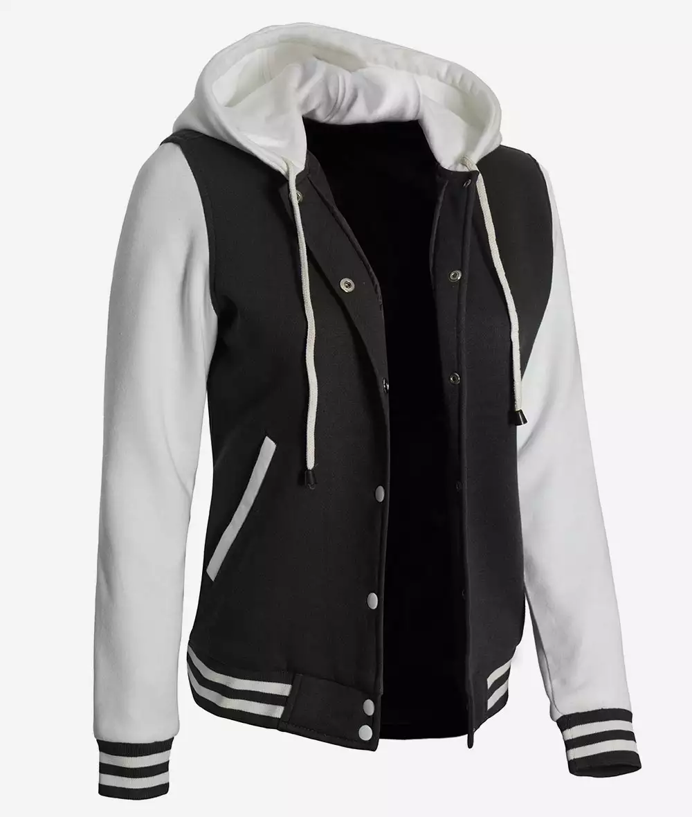 Women's Black and White Hooded Varsity Jacket - Letterman Style