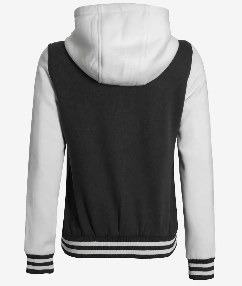 Women's Black and White Hooded Varsity Jacket - Letterman Style