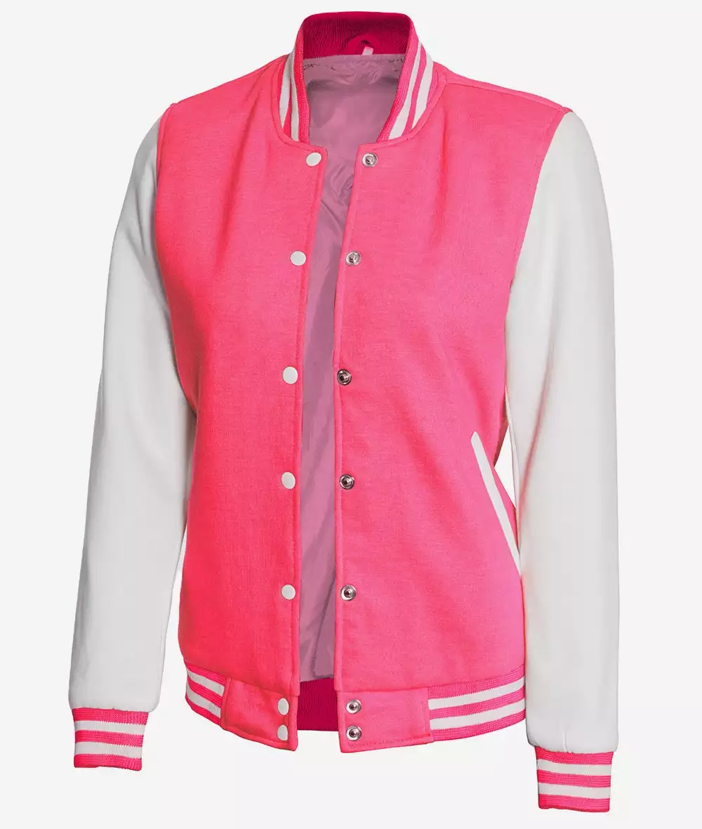 Women's Pink and White Varsity Baseball Jacket - Bomber Style