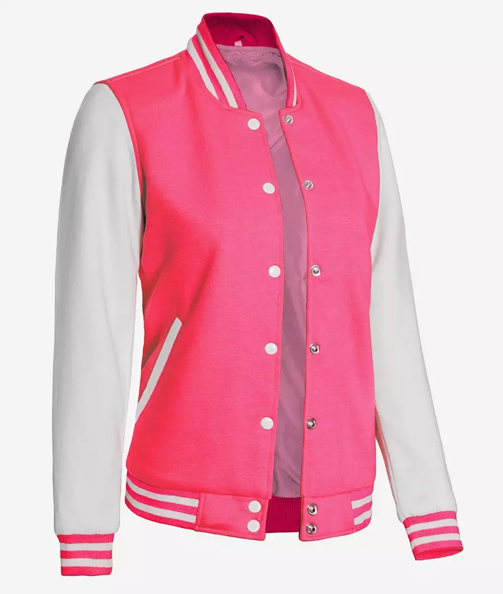 Women's Pink and White Varsity Baseball Jacket - Bomber Style