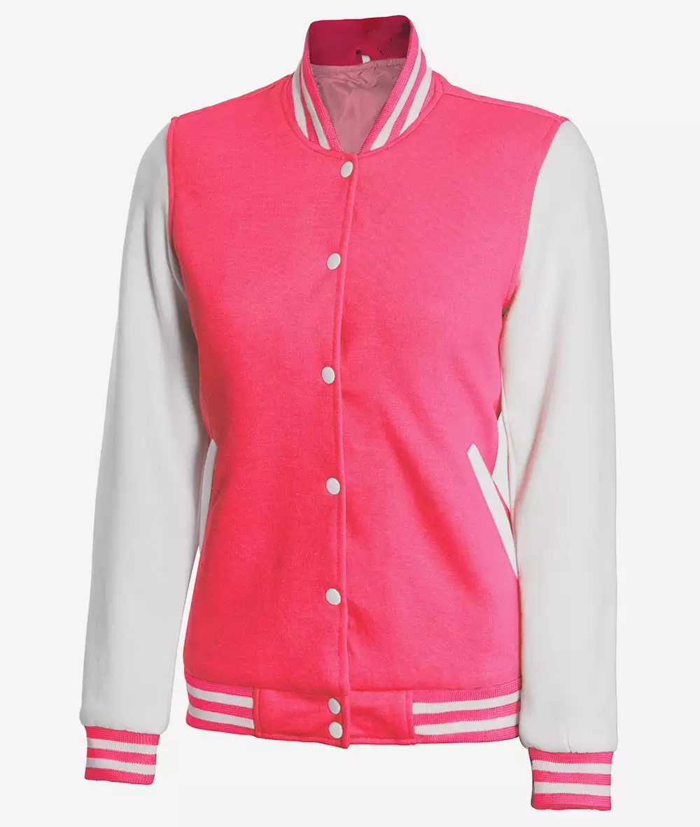 Women's Pink and White Varsity Baseball Jacket - Bomber Style