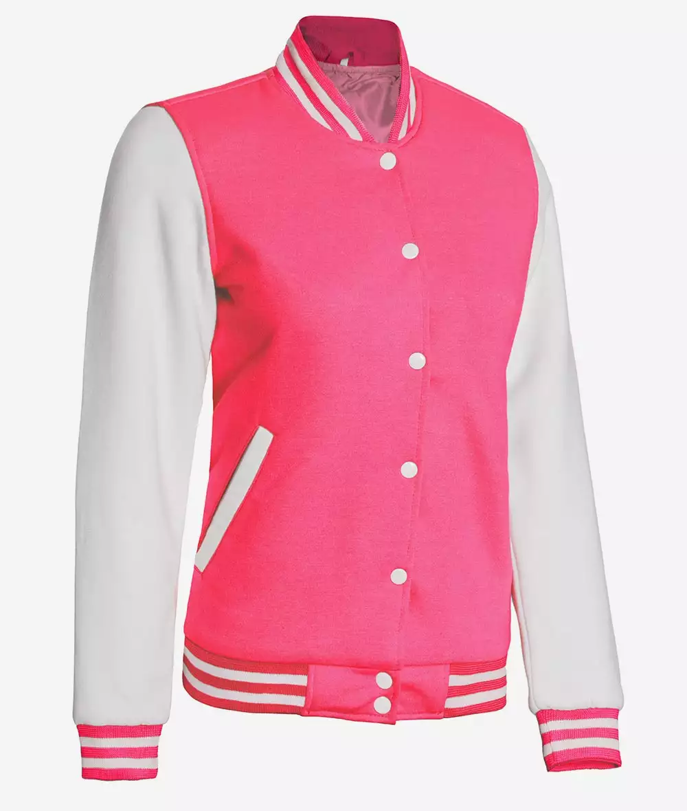 Women's Pink and White Varsity Baseball Jacket - Bomber Style