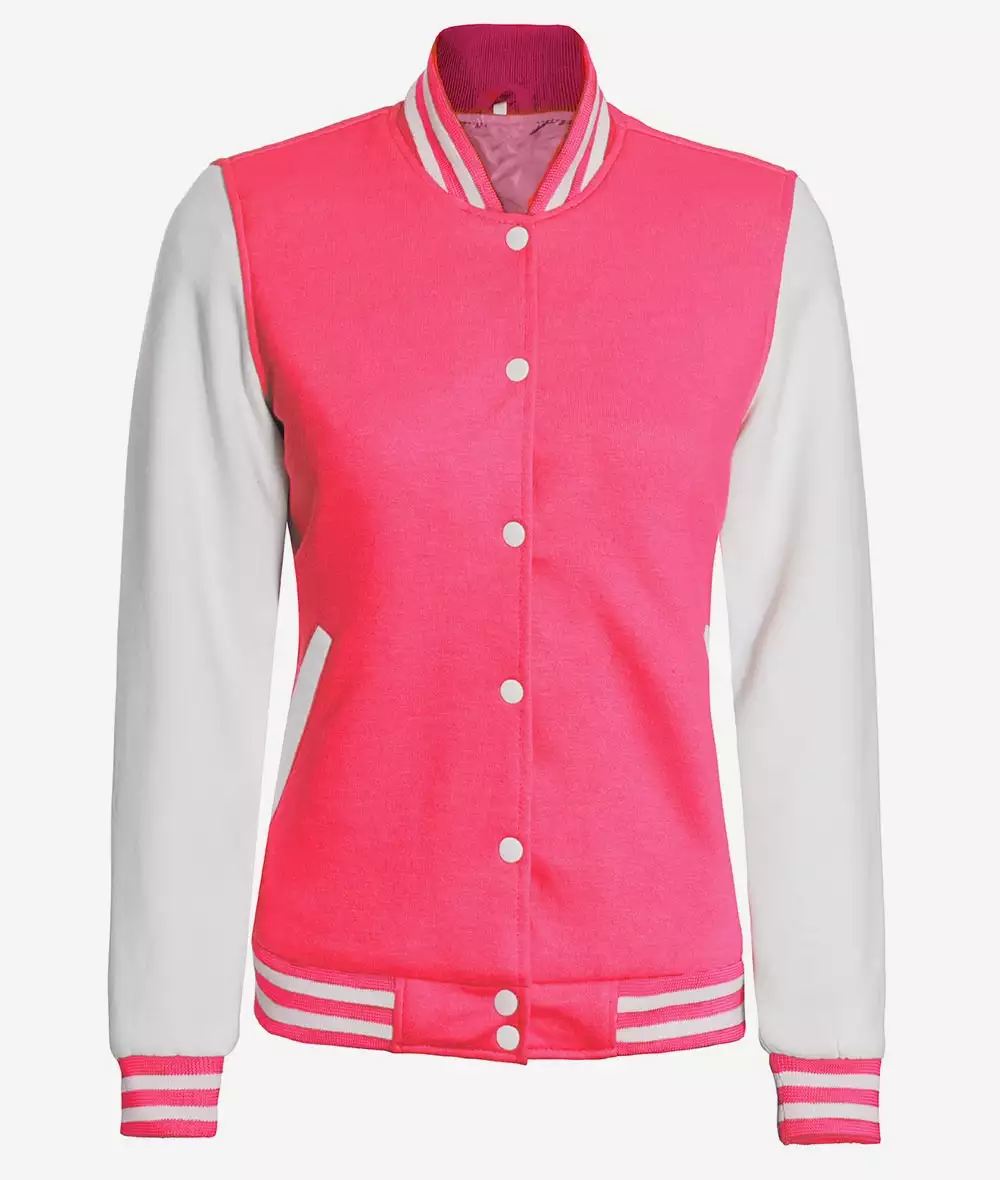 Women's Pink and White Varsity Baseball Jacket - Bomber Style