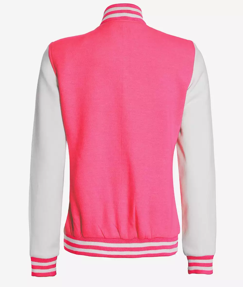 Women's Pink and White Varsity Baseball Jacket - Bomber Style