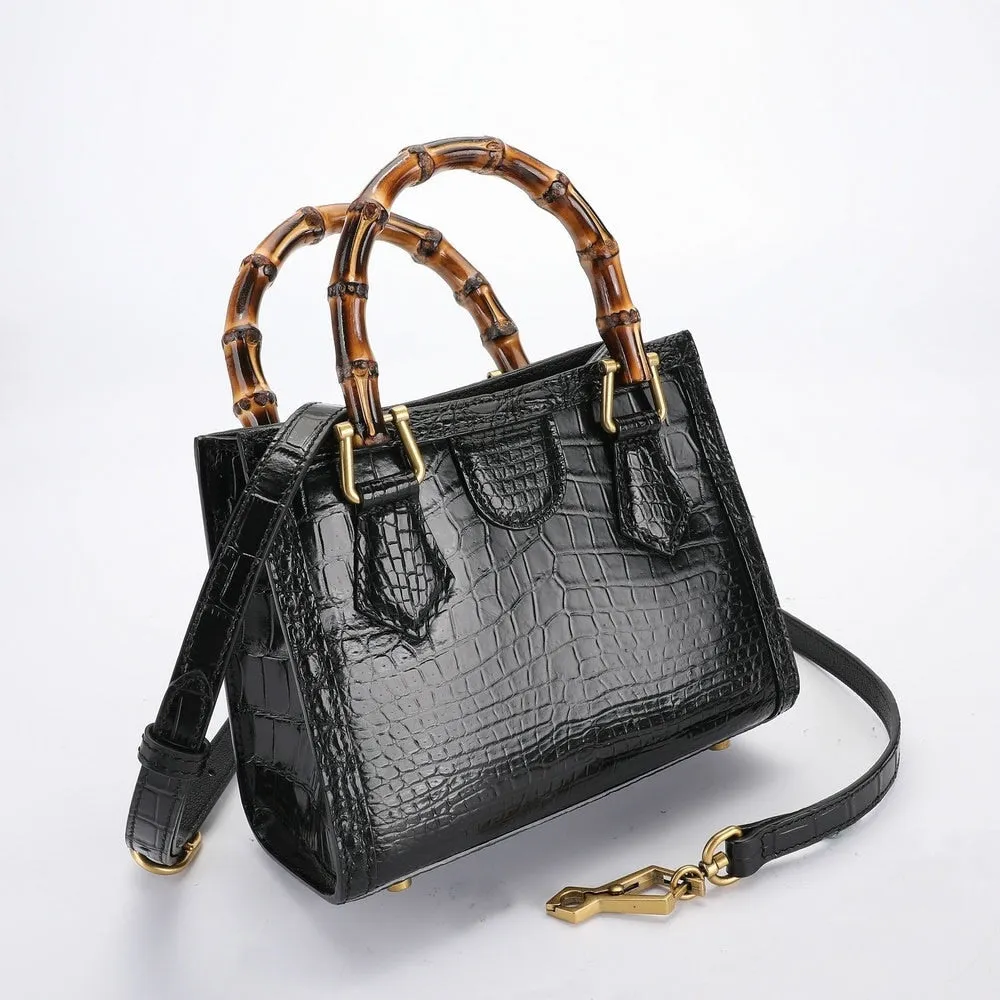 Women's Crocodile Skin Leather Square Bamboo Knot Handle Handbag