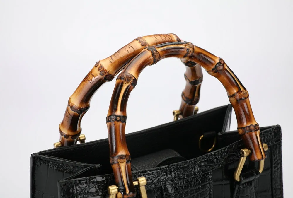 Women's Crocodile Skin Leather Square Bamboo Knot Handle Handbag