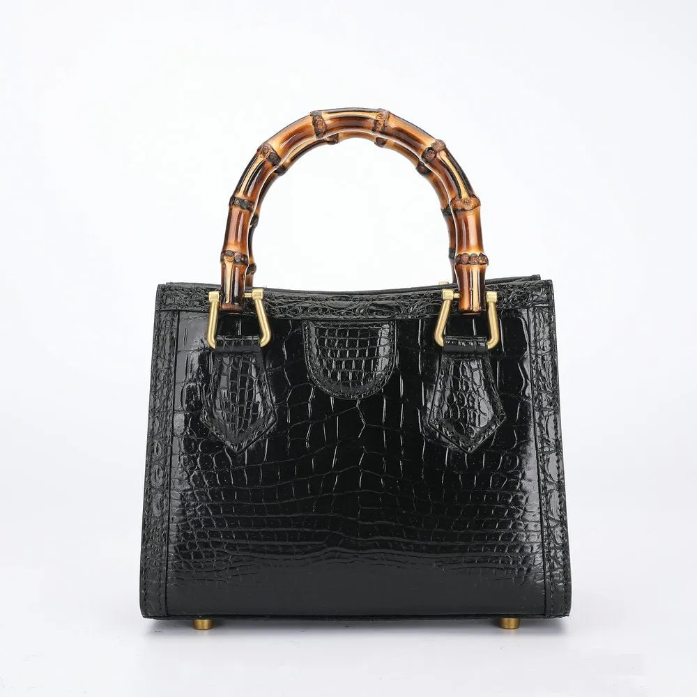 Women's Crocodile Skin Leather Square Bamboo Knot Handle Handbag