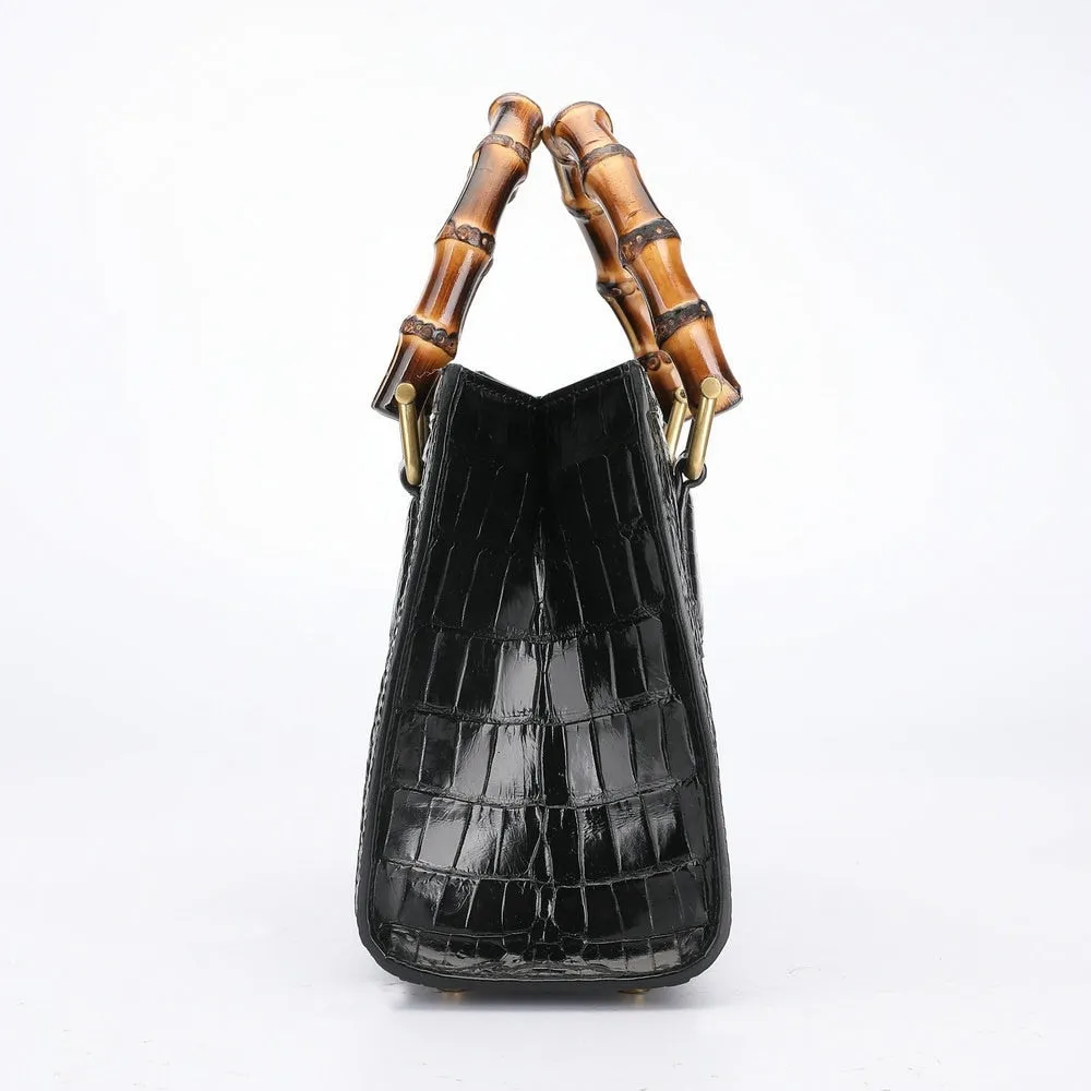 Women's Crocodile Skin Leather Square Bamboo Knot Handle Handbag