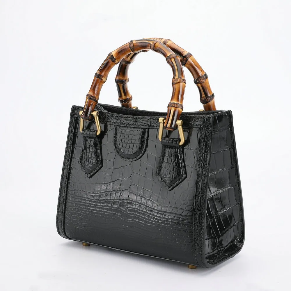 Women's Crocodile Skin Leather Square Bamboo Knot Handle Handbag