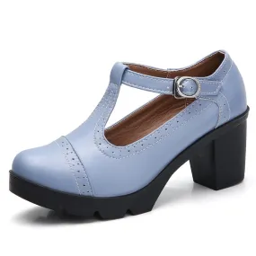 Women's Handmade Blue Genuine Leather Retro Round Toe High Heels